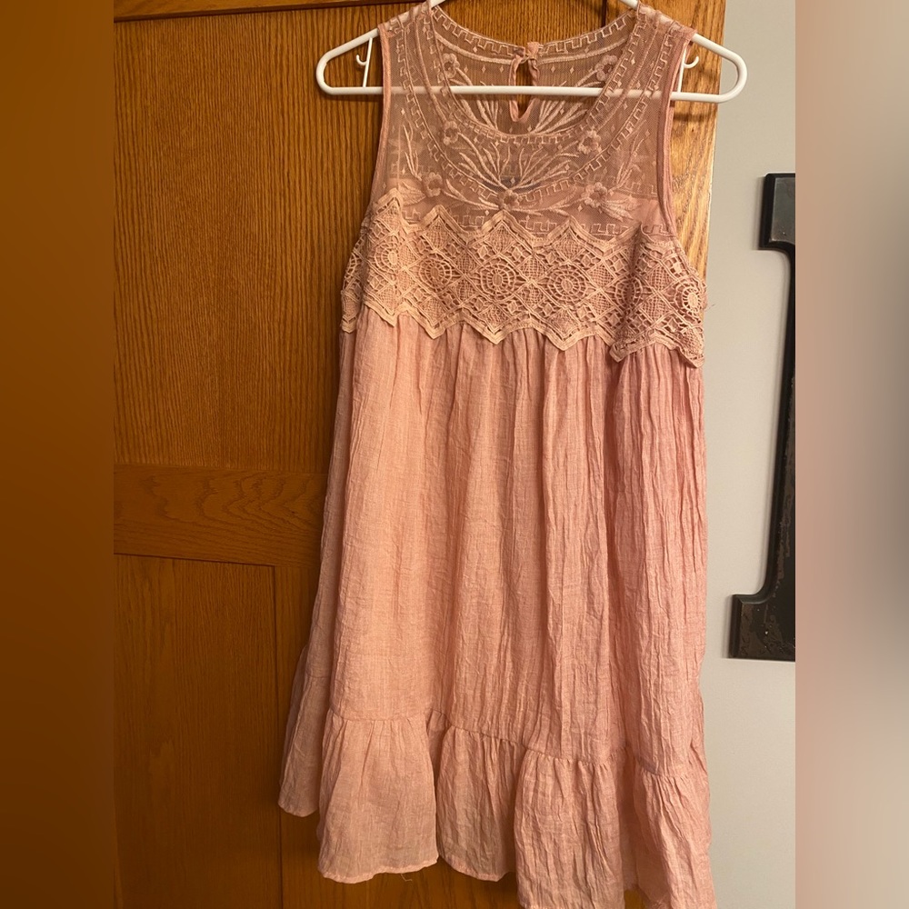 Pink dress with lace and ruffle hem. Pink. NWOT